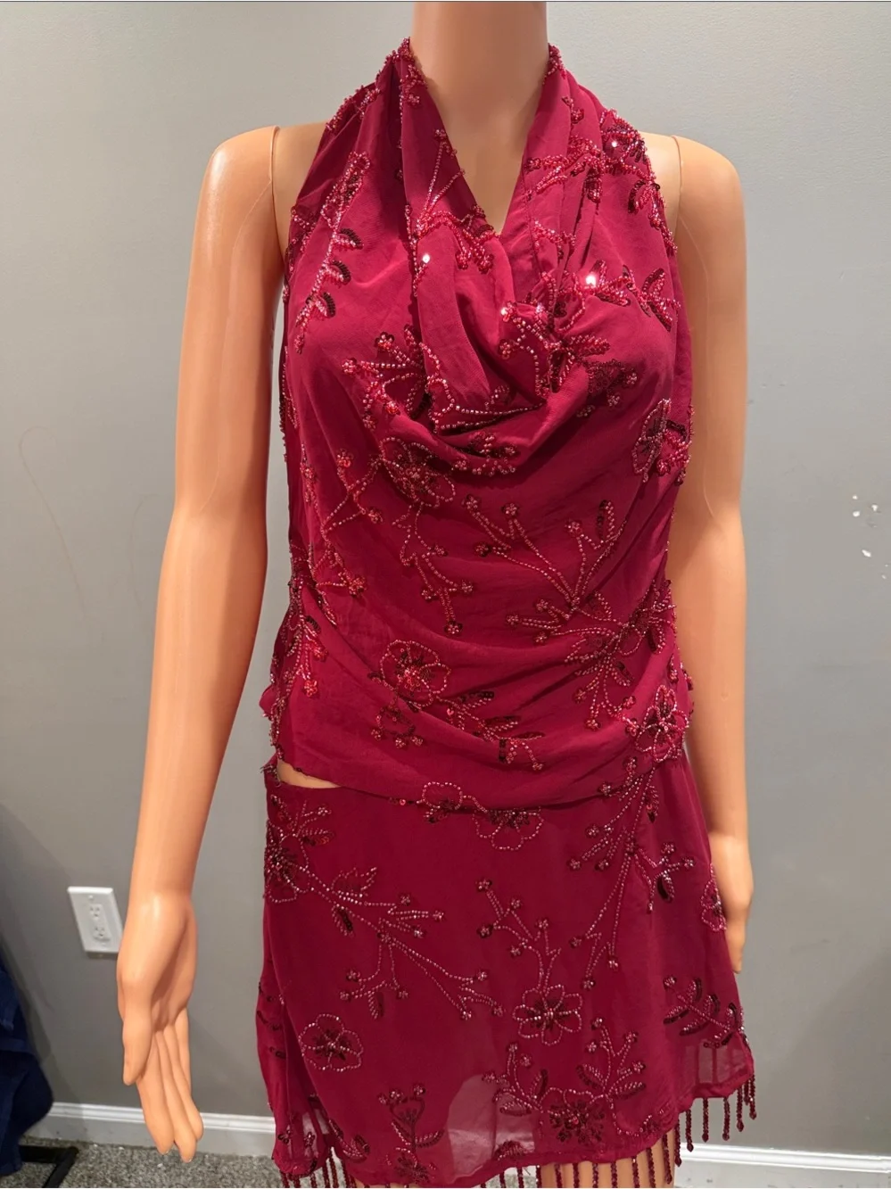 Princess Polly Red Twilight Zone Beaded Cowl Neck Top with skirt - Picture 4 of 8